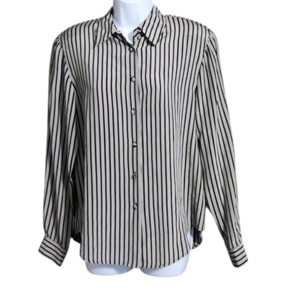 Allison Taylor Silk NWT Vintage Black and White Striped Button Up Top